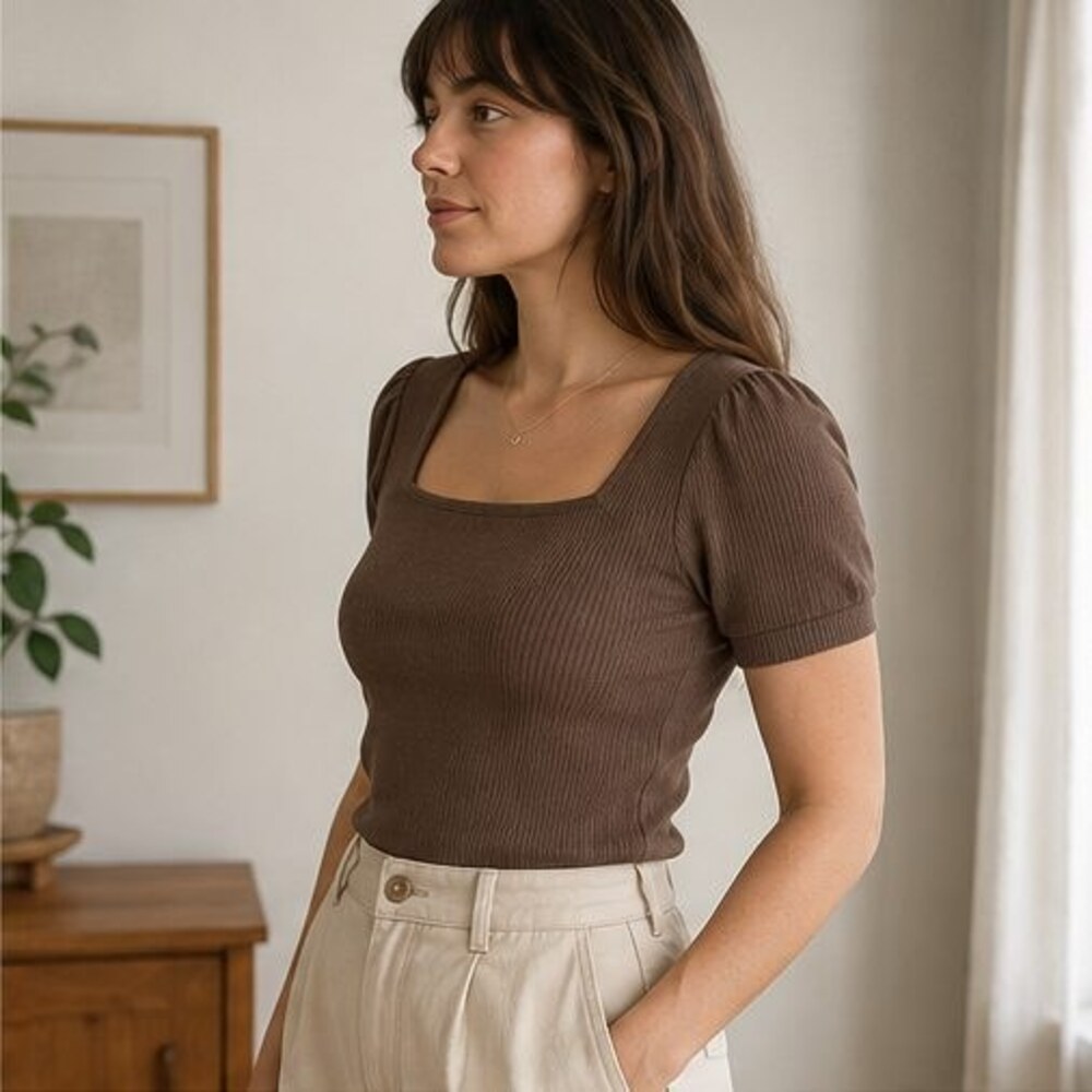 Mocha Ribbed Square Neck Top - Picture 3 of 6